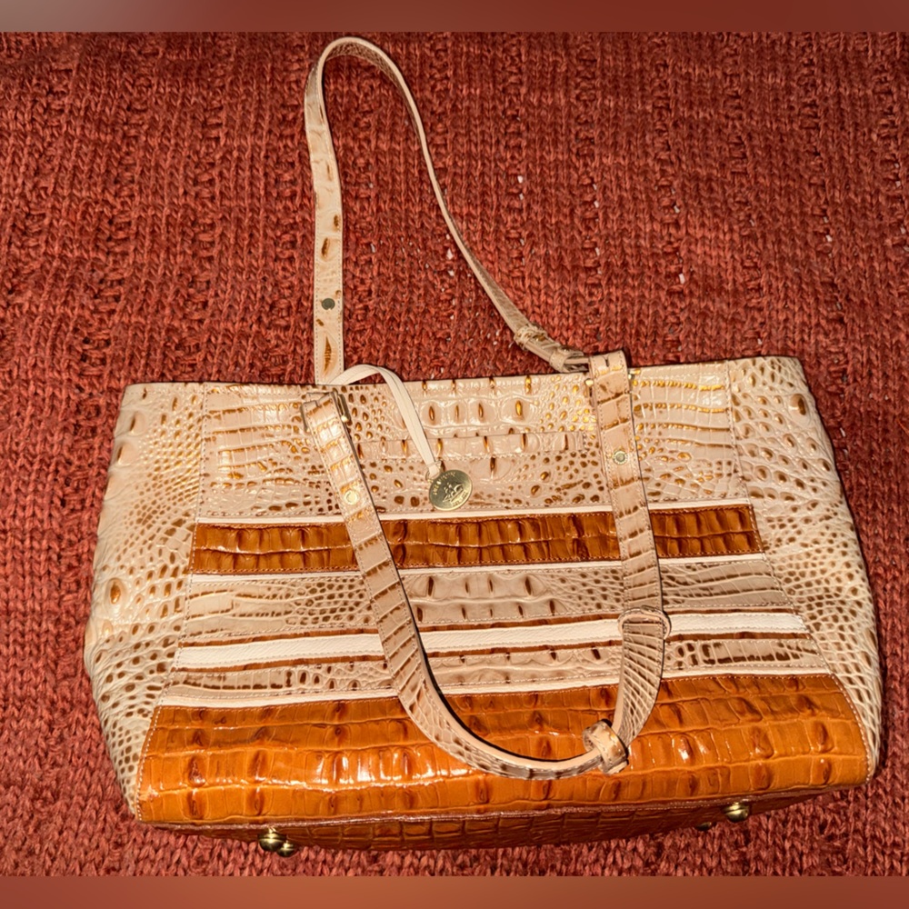 Brahmin Leather Croc-Embossed Tan and Orange Women's Bag